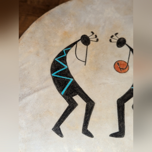 Native American Two Sided Rawhide Drum w Handpainted Signed L. Gould - Picture 2 of 9